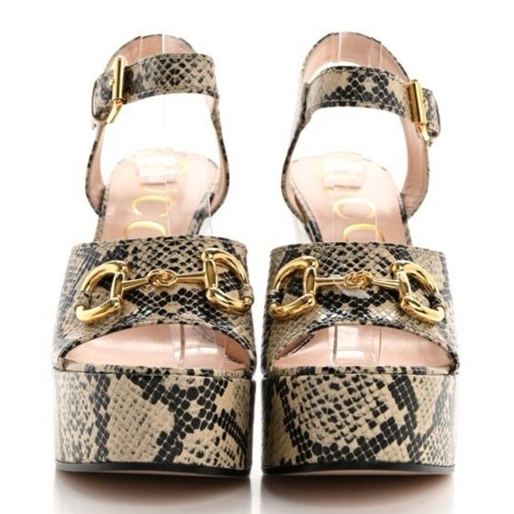 NEW Gucci Beige & Brown Python Horsebit Heeled Sandals Sz 40.5 - Picture 2 of 13
